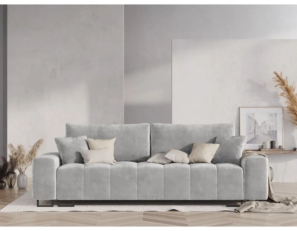 Jasnoszara aksamitna rozkładana sofa ze schowkiem 250 cm Wicklow – Cosmopolitan Design