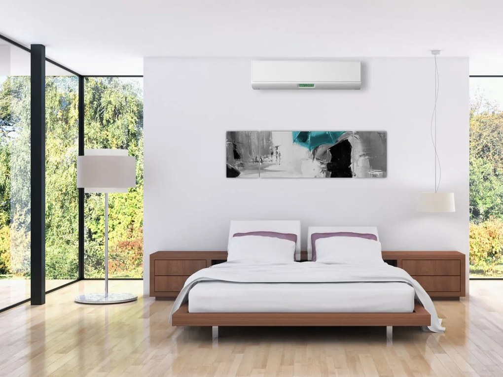 Obraz - Zakochana para z parasolem, niebieski (170x50 cm)