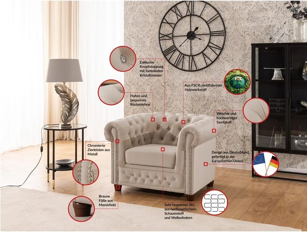 Beżowy aksamitny fotel typu chesterfield York Blik – Ropez