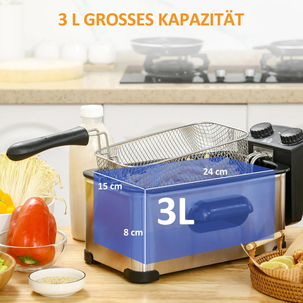 HOMCOM Frytkownica, Pojemność 3 Litry, Moc 2000W, Przezroczysta Pokrywa, Uchwyt Chłodny w Dotyku, Czarna