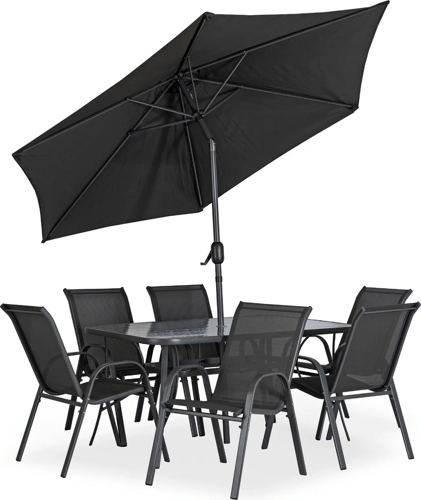 Zestaw Mebli Ogrodowych NEBRASKA Szary 6 Krzeseł Stół Tarasowy Parasol Nowoczesny