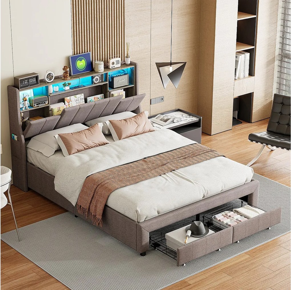 Łóżko Podwójne 160x200 cm Szara Tkanina z Przechowywaniem, LED Zagłówek, Porty USB/C i Wbudowana Półka