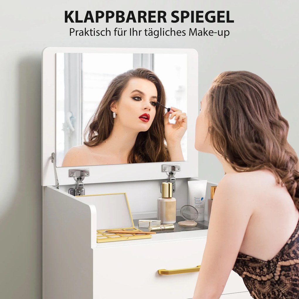 HOMCOM Toaletka 3-w-1 z lustrem, stolik nocny, hoker na kółkach, szuflady, Biały