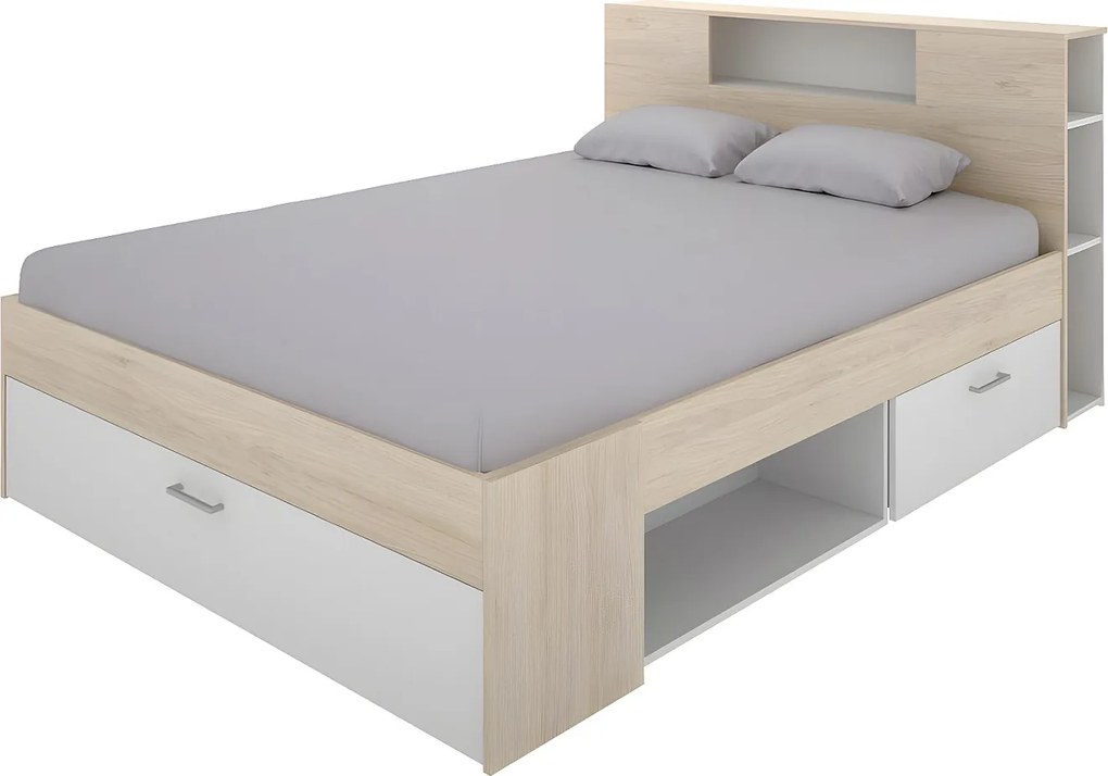 Łóżko ze skrzynią i szufladami - 160 x 200 cm - Kolory: Naturalny i biały + Stelaż + Materac - LEANDRE