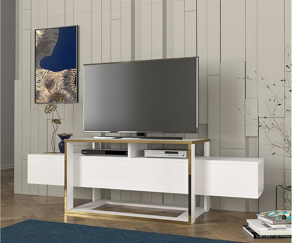 Stojak pod TV – 160 cm szerokości – biało-złoty – MDF