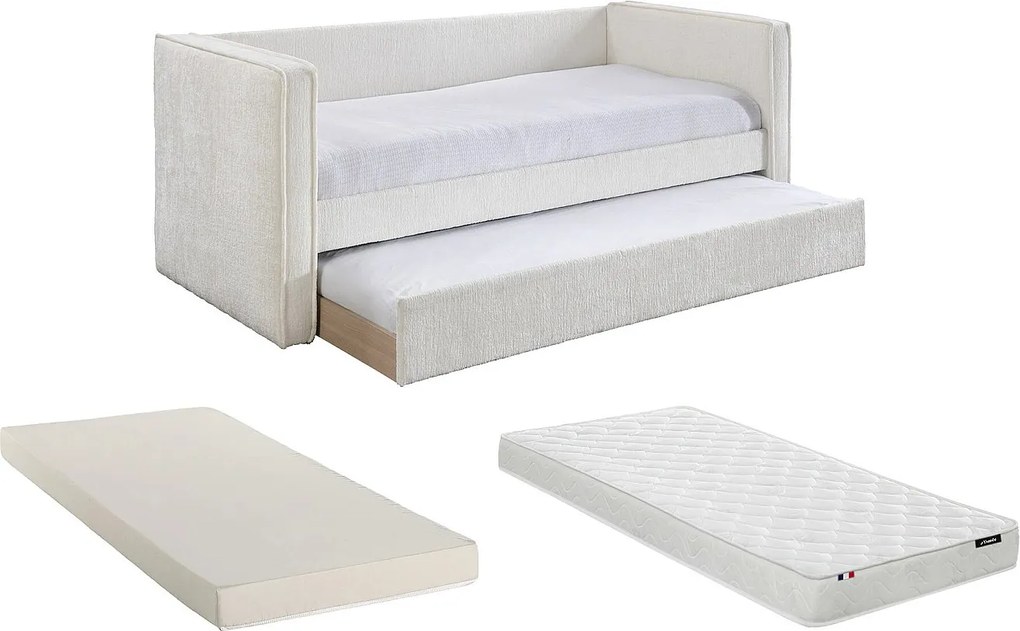 Łóżko kanapa z wysuwaną szufladą 2 x 90 x 190 cm – Tkanina teksturowana – Białe + Materac – SULAZO