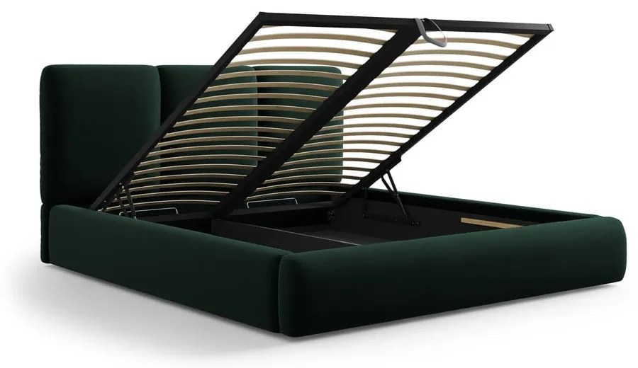 Ciemnozielone aksamitne tapicerowane łóżko dwuosobowe ze schowkiem i stelażem 200x200 cm Brody – Mazzini Beds