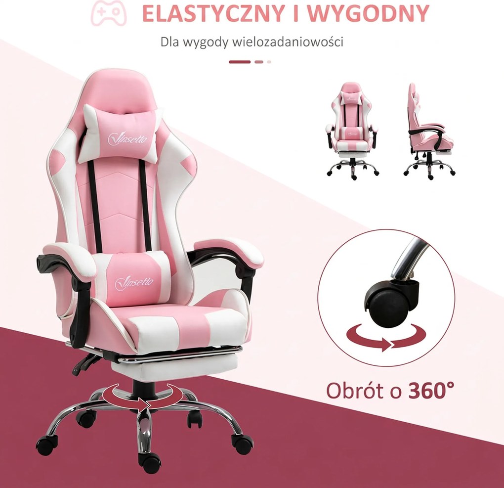 Vinsetto Fotel gamingowy ergonomiczny krzesło komputerowe z regulacją wysokości i zagłówkiem różowy biały | Aosom PL