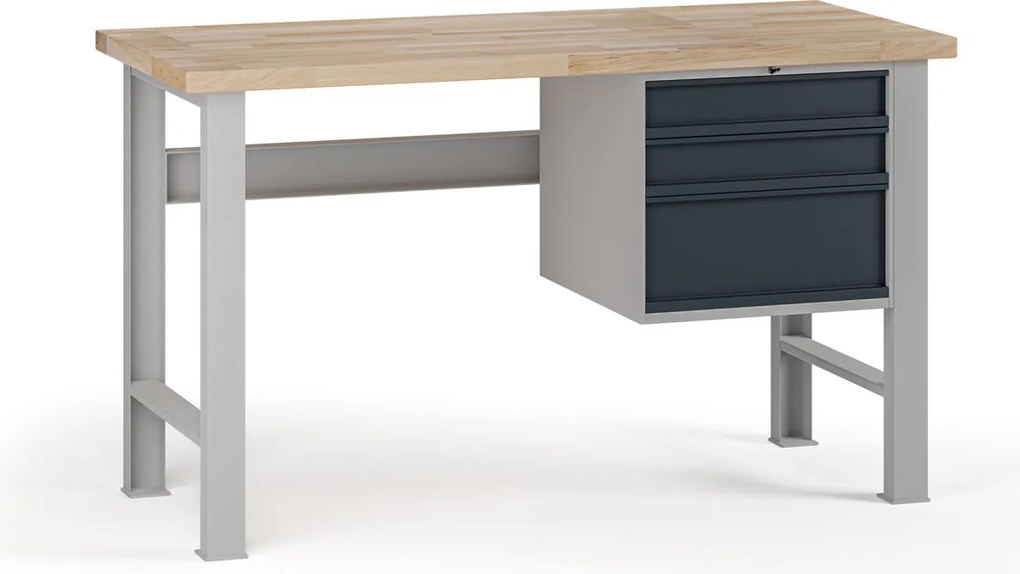Stół warsztatowy G7, blat bukowy, 1500 x 685 x 840 mm, 1x kontener, 3x szuflada, grafitowy