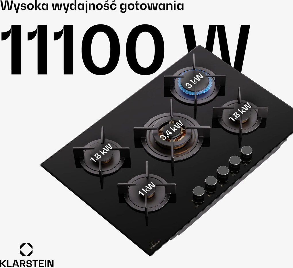 Klarstein Goldflame 75cm Płyta gazowa 5 palników Czarny