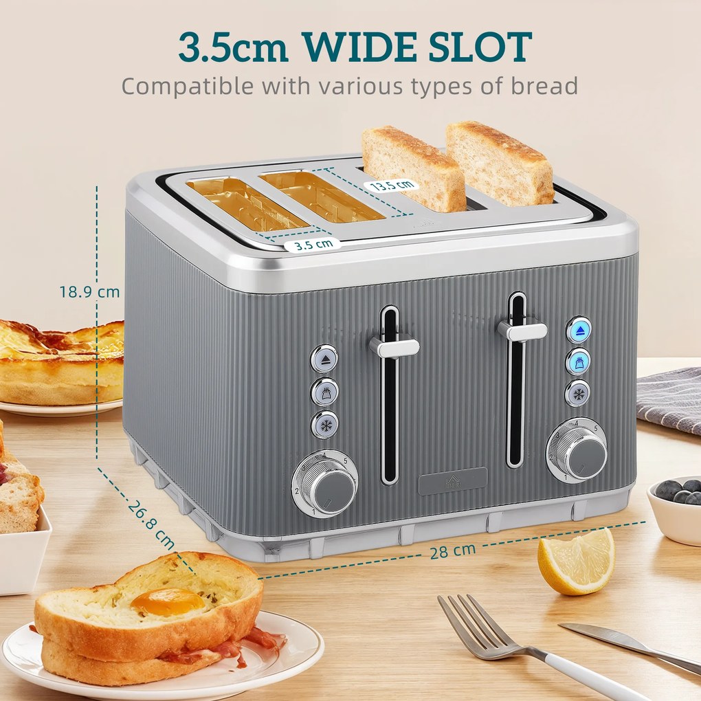 HOMCOM Czajnik 2200 W, 1,7 l z funkcją szybkiego gotowania, filtrem kamienia i tosterem na 4 kromki z 7 poziomami zarumienienia, szary | Aosom PL