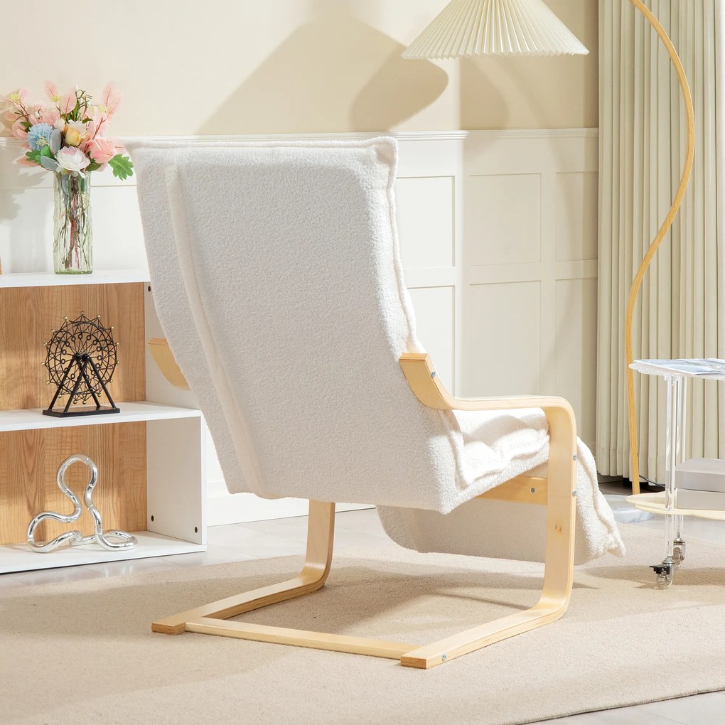 HOMCOM Fotel Lounge z brzozy, tapicerowany, regulowany podnóżek, Biały