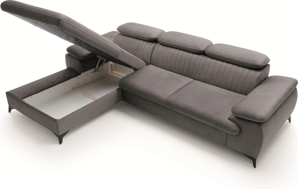 Masseno Narożnik FIORE z funkcją spania i pojemnikiem na pościel Narozniki L, Rozkładana sofa - Szary, MONOLITH 92