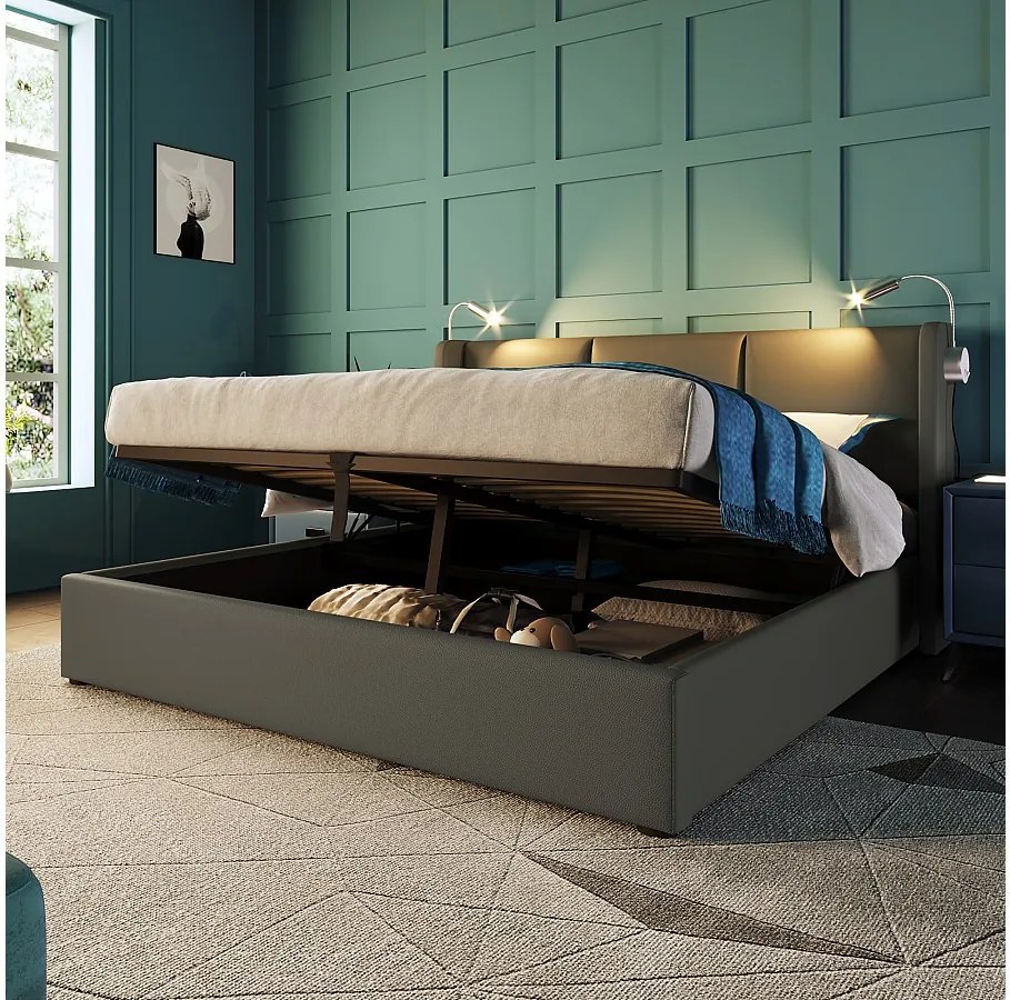 Łóżko ze schowkiem 140x200 cm - Szary PU - Tapicerowane łóżko z lampką do czytania i ładowaniem przez USB - Materac nie jest wliczony w cenę