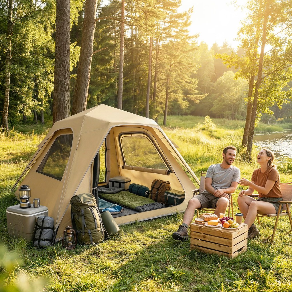Outsunny Ekspresowy namiot pop-up z ochroną przed deszczem, wodoodporny namiot kopułowy dla 3-4 osób z 2 drzwiami 2 oknami 240x240x160 cm khaki | Aosom PL