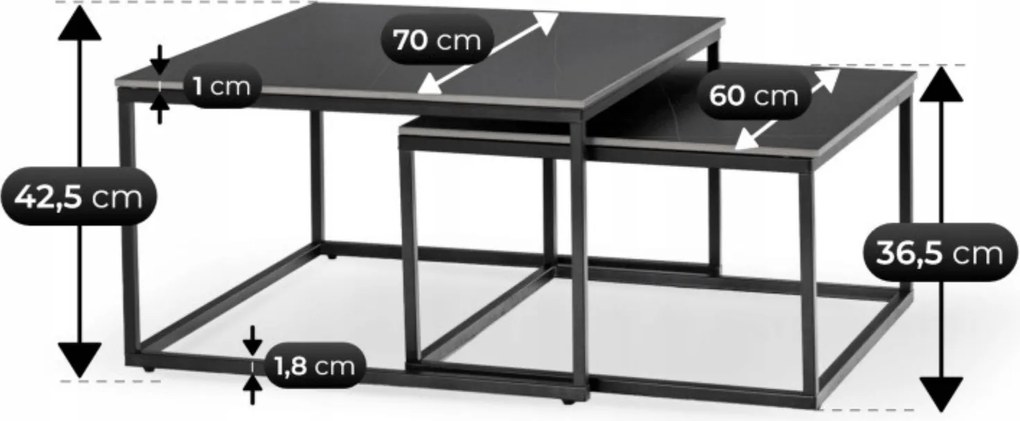 Zestaw Stolików Kawowych TENOR Czarny Marmur/Czarny do Salonu Glamour