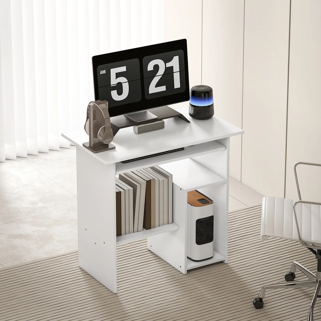 HOMCOM Biurko komputerowe, z półkami, Płyta wiórowa, Metal, 80 x 45 x 75 cm, Białe