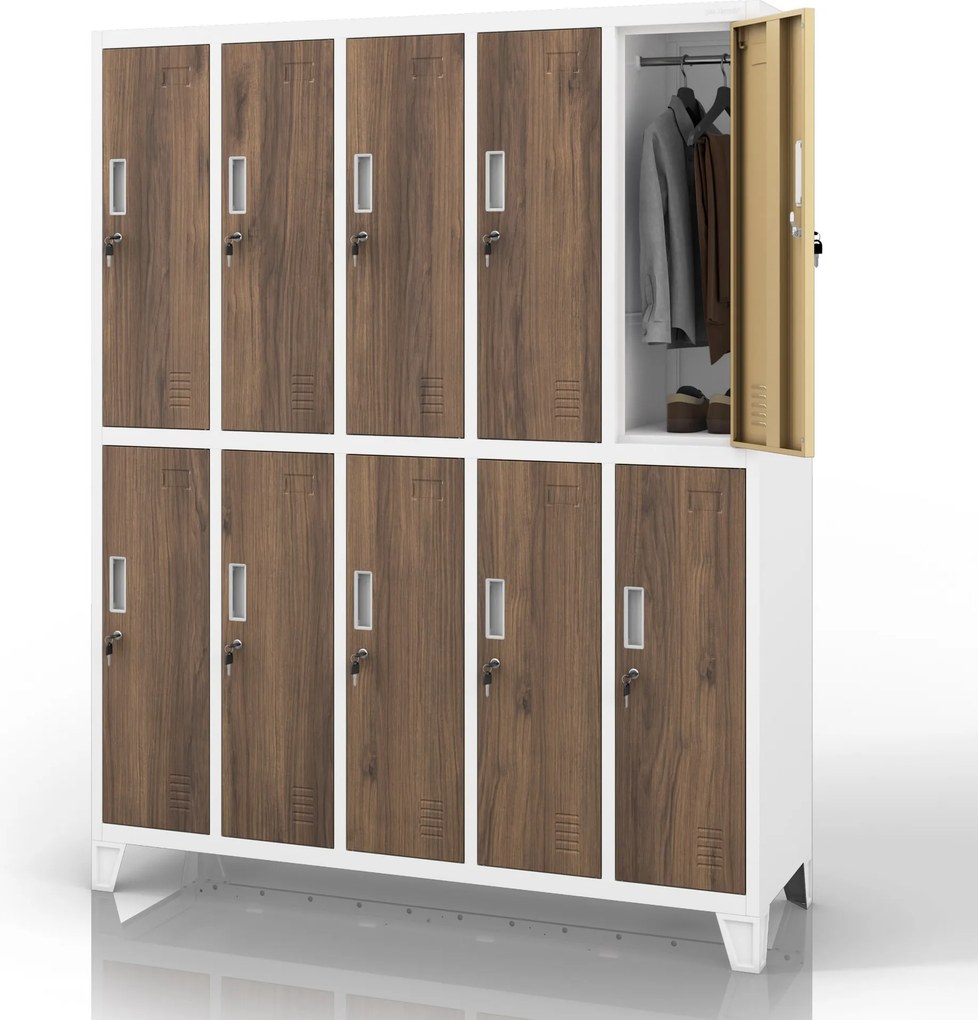 Szafa socjalna ubraniowa 10-drzwiowa biała/orzech, 1360x1720x450 mm: BARTEK Eco Design