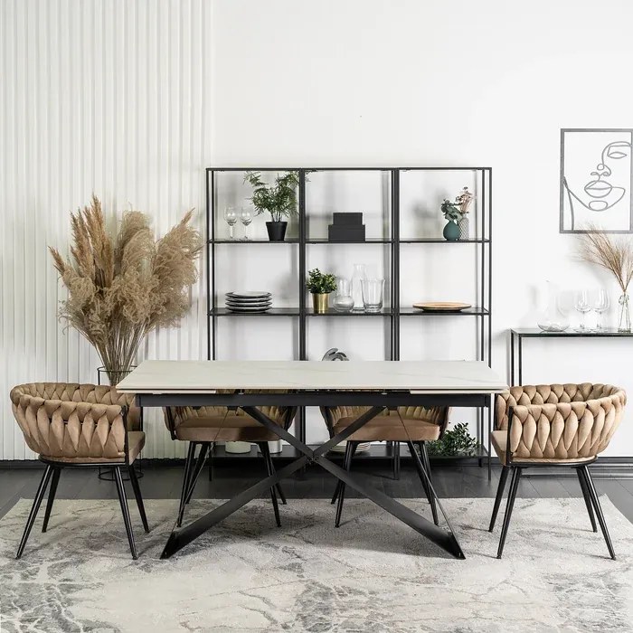 Stół Rozkładany Prostokątny VICTOR 160-240 cm Ceramiczny Biały Marmur/Czarny do Jadalni Loft
