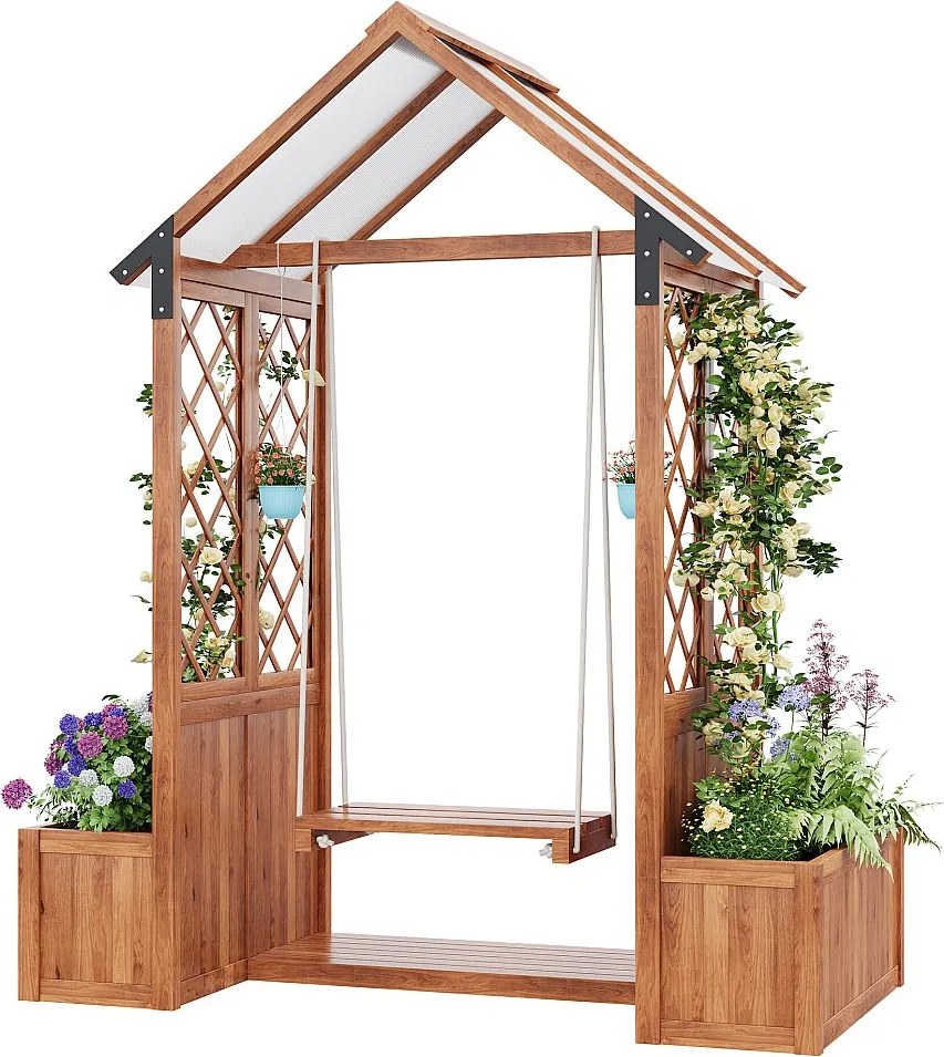 Solidna drewniana huśtawka ogrodowa z dachem + zestaw 2 doniczek na pnącza - 142 x 70 x 163 cm - brązowa