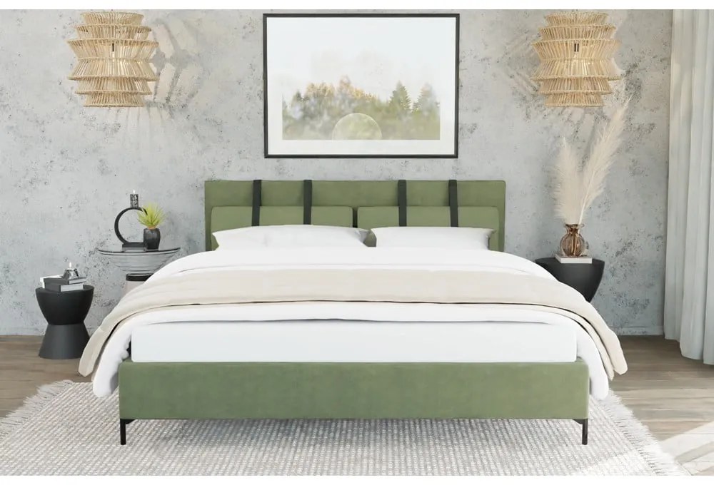 Zielone tapicerowane łóżko dwuosobowe ze stelażem 160x200 cm Tulsa – Ropez