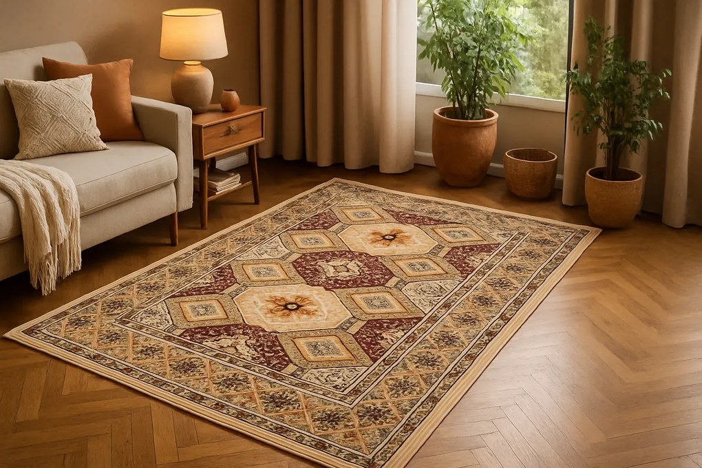 Beżowy prostokątny dywan w stylu retro C7-B58