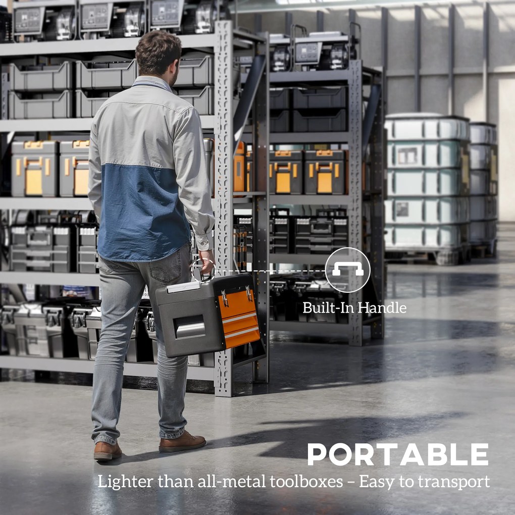 HOMCOM Pusta Skrzynka na Narzędzia, 49,7 x 25,3 x 28,9 cm, Skrzynka z Szufladą i Mini-Skrzyneczką, Stal Pomarańczowa