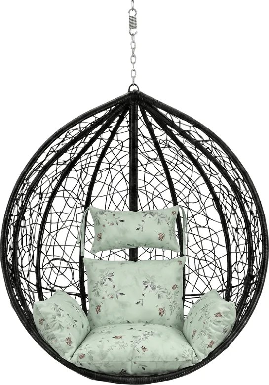 Czarne wiszące krzesło KOKON bez stojaka, jasnozielona poduszka ze wzorem