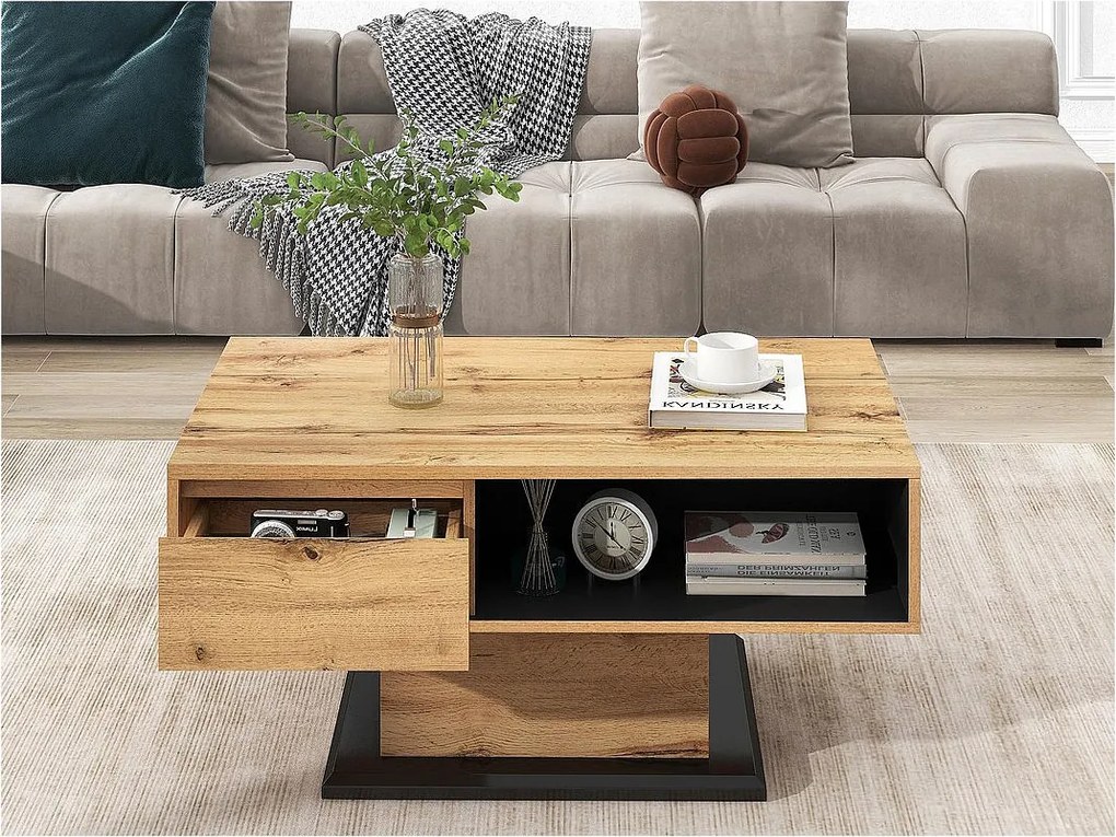 Stolik kawowy z szufladą i wnęką - styl industrialny - naturalny