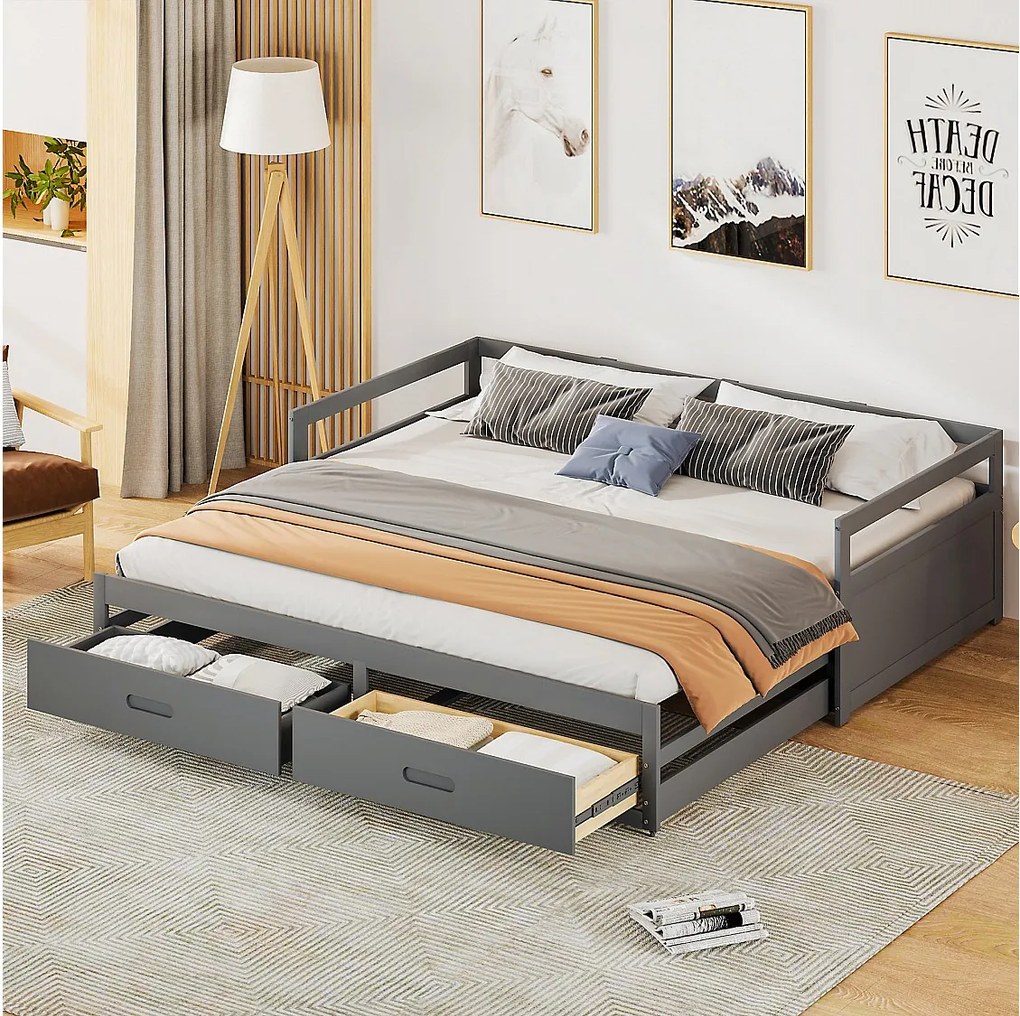 Łóżko z wysuwaną skrzynią 90x200 cm - z 2 szufladami - szare drewno - materac nie jest wliczony w cenę