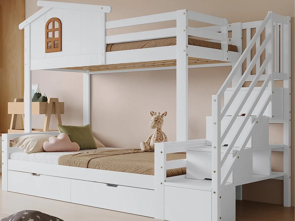 Łóżko piętrowe 90×200 cm - z 2 szufladami - z oknami - schody z miejscem do przechowywania - Drewno lite + MDF - białe (bez materaca)