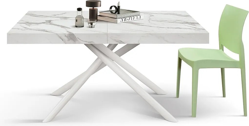 Stół drewniany, białe wykończenie, białe nogi, rozkładany 140x90-220x90 - CARRARA