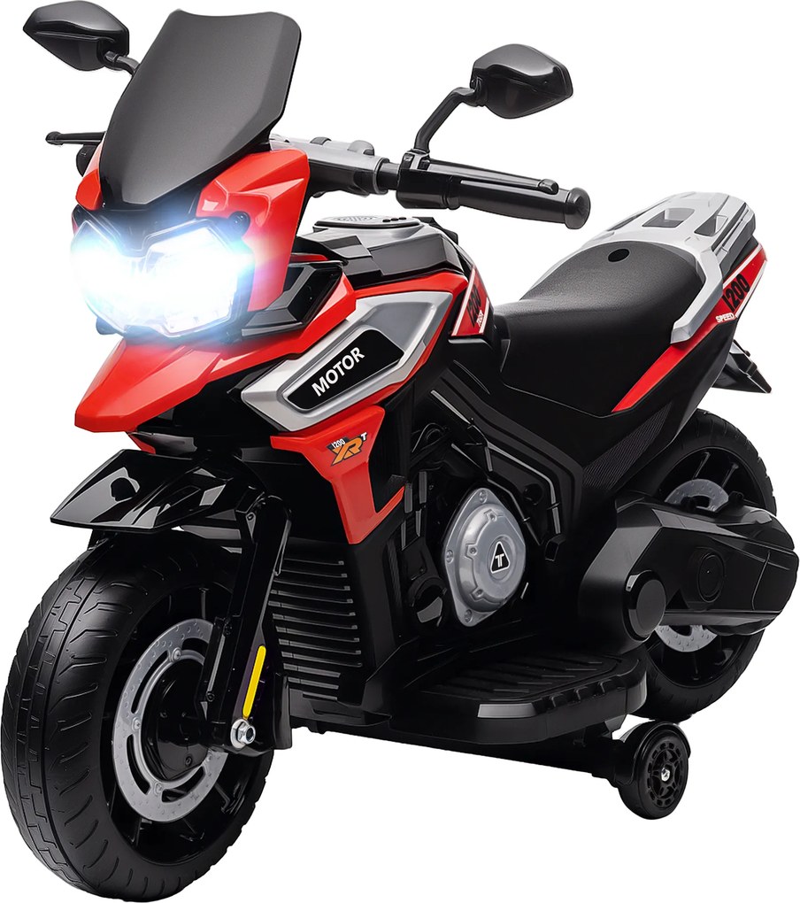 AIYAPLAY Elektryczny motocykl dla dzieci 18-36 miesięcy, pojazd do siedzenia, kółka pomocnicze, światła, muzyka, tworzywo sztuczne, stal, czerwony