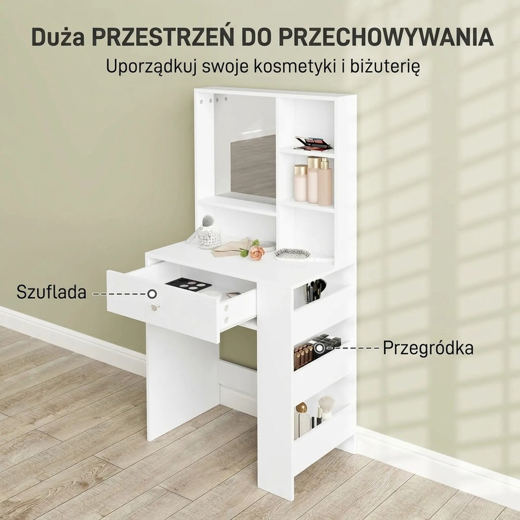 HOMCOM Toaletka z Lustrami, Szafa, 3-stopniowa Półka Boczna, Płyta Wiórowa, Biała