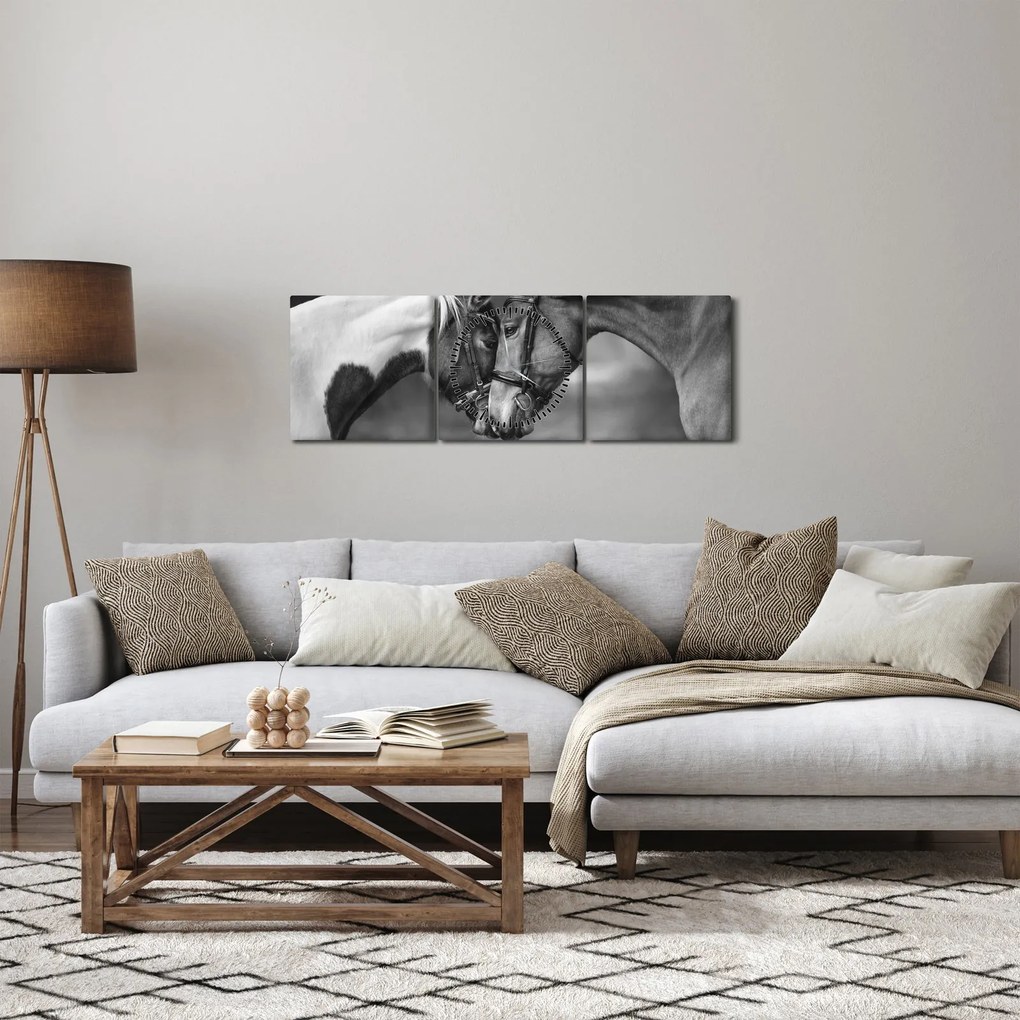 Obraz - Zakochane konie, czarno - biały (z zegarem) (90x30 cm)