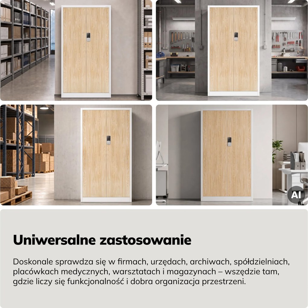 Szafa biurowa metalowa z zamkiem na szyfr biała/dąb sonoma, 900x1850x400 mm: DANIEL Eco Design