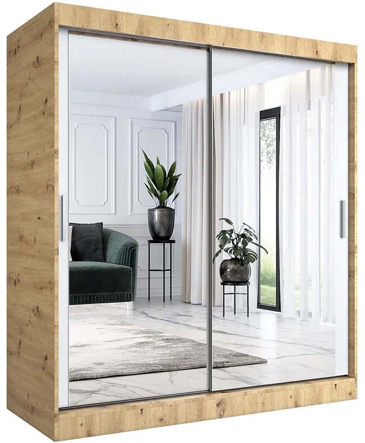 Szafa przesuwna z lustrem 180 cm dąb artisan + biały - Kukkin 5X