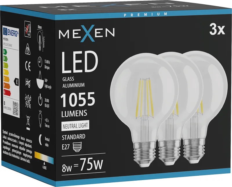 Mexen Vintis 3x żarówka filament LED E27, G80, 8W, Neutralna - 4000K, 1055 lm, clear - L155-E27-0840-00x03