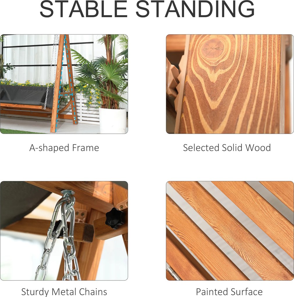 Outsunny Huśtawka Ogrodowa z Funkcją Łóżka 3-osobowa, Huśtawka z Drewna Modrzewiowego z Regulowanym Dachem Przeciwsłonecznym, Ławka Huśtawka Obciążenie 250kg, 225,5 x 113 x 180 cm Szary+Teak | Aosom PL