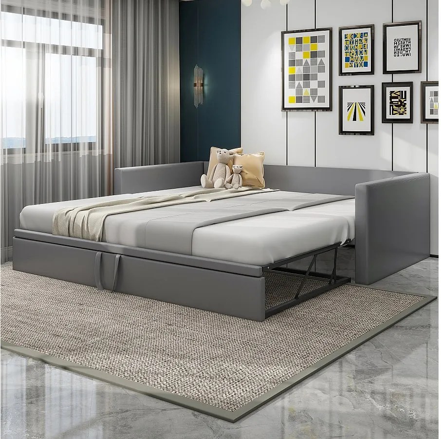 Łóżko wysuwane 90/180 x 200 cm z zagłówkiem, tapicerowane - Aksamit - Stelaż listwowy - Szary