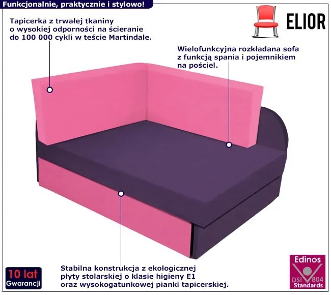 Fioletowo-różowe rozkładane łóżko narożne tapczan z pojemnikiem M7-P98