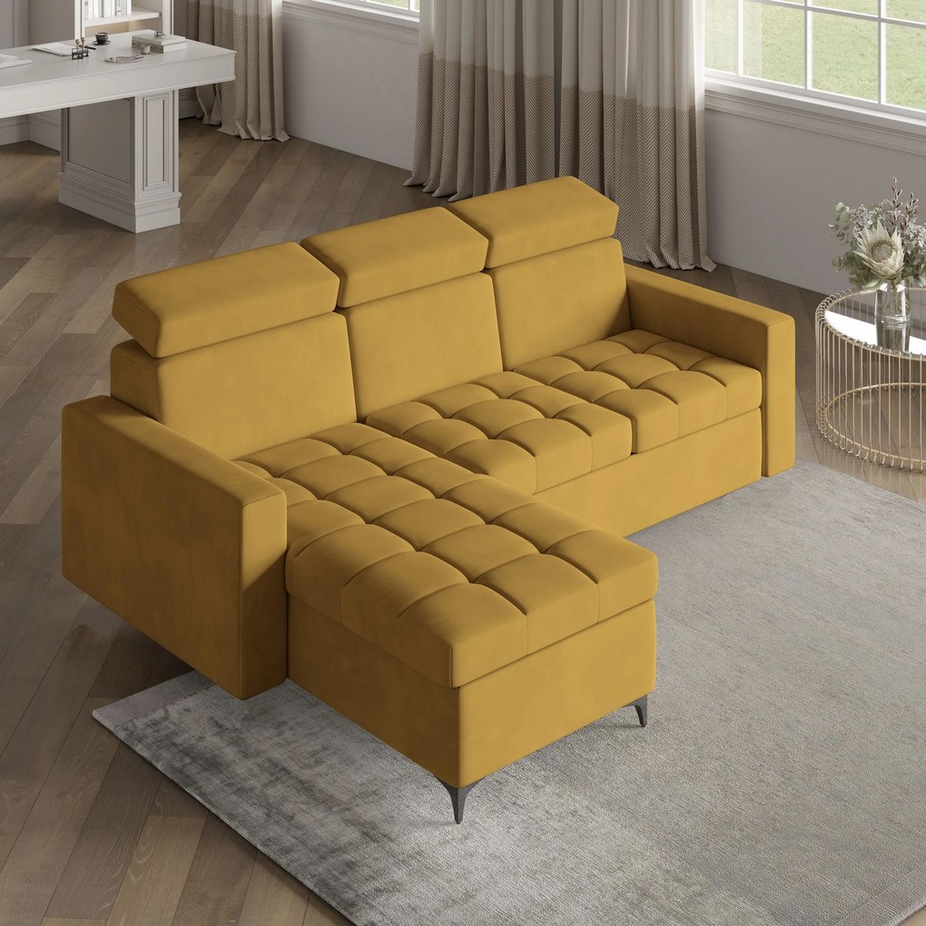 Masseno Narożnik KAME z funkcją spania i pojemnikiem na pościel Narozniki L, Rozkładana sofa - Żółty, KRONOS 01