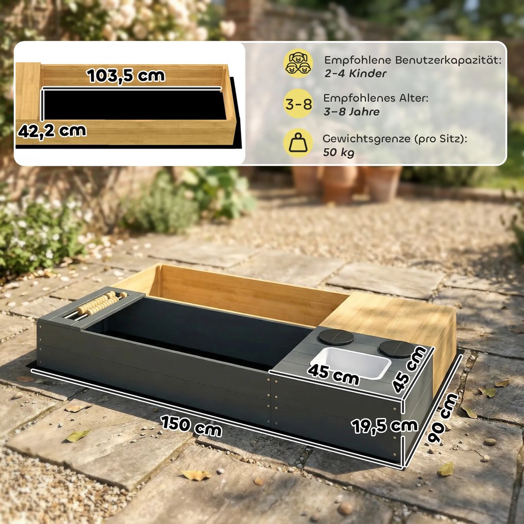 AIYAPLAY Piaskownica 2-częściowa 150x90 cm drewniana z siedziskiem, schowkiem, płytą grzewczą, wyjmowanym zlewozmywakiem i koralikami abakusa, żółta | Aosom PL