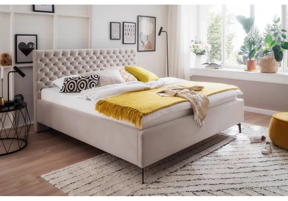Beżowe tapicerowane łóżko dwuosobowe ze schowkiem i stelażem 180x200 cm La Maison – Meise Möbel