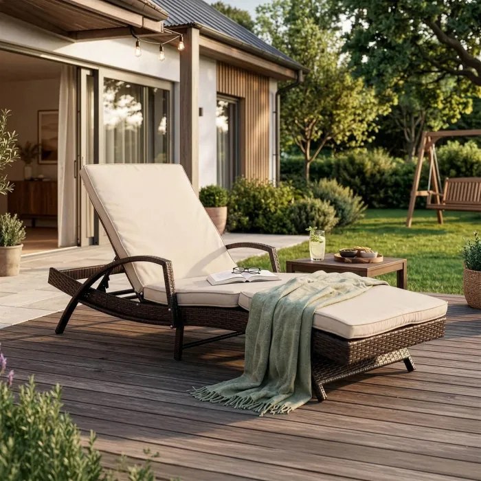 Fotel Ogrodowy Leżak FELIZ Technorattan Brązowy/Beżowy