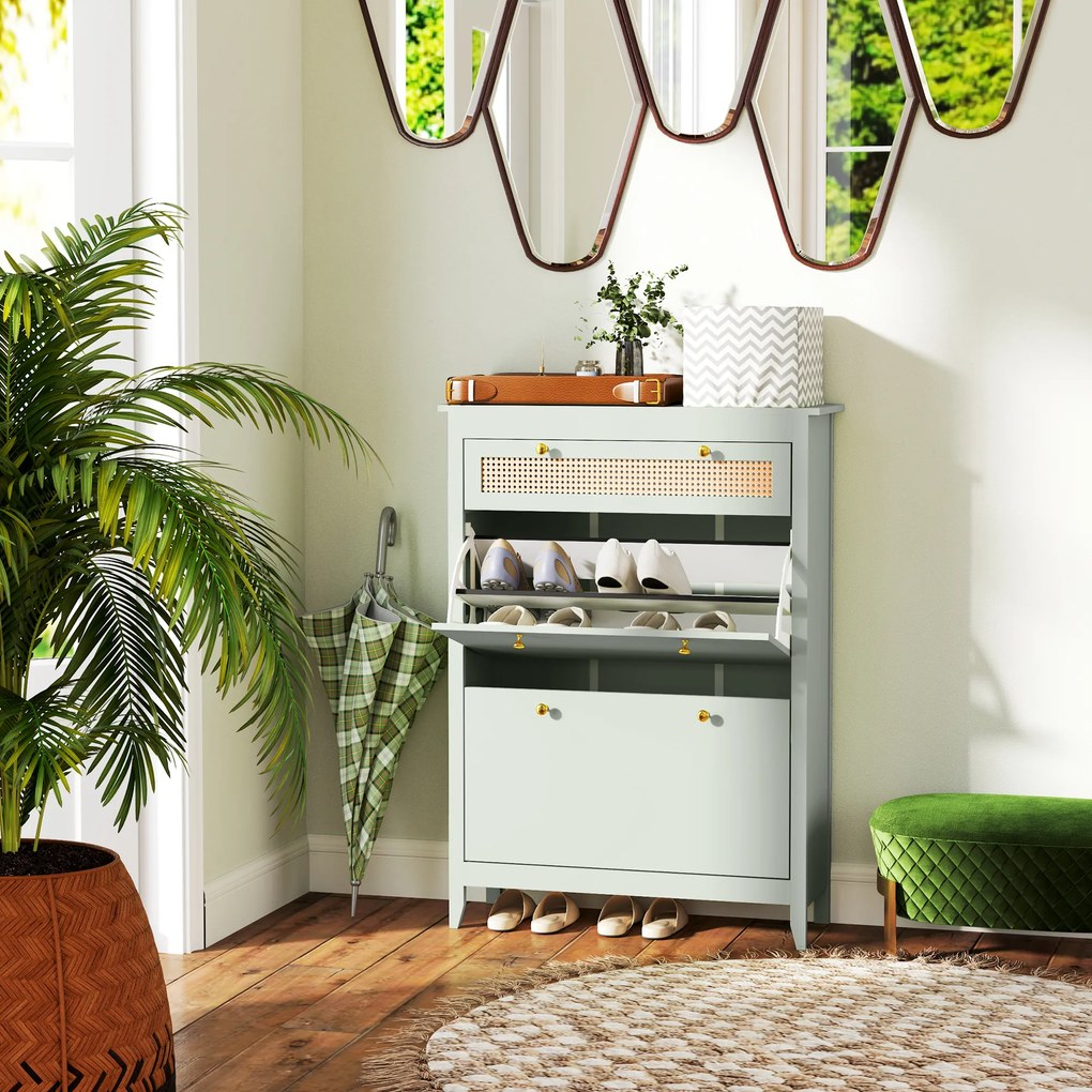 HOMCOM Szafka na 12 par butów z 1 wysuwaną szufladą, 2 klapowanymi szufladami, Komoda na buty, 88 x 30 x 120 cm, Zielony