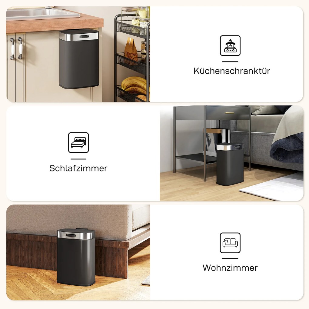 HOMCOM Kosz na śmieci, stal nierdzewna, kuchenny kosz z pokrywą pozostającą otwartą, wyjmowany wkład, 21,5x19,5x30 cm, czarny