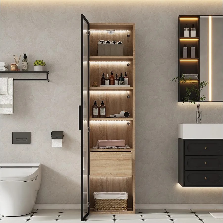 Witryna, mebel łazienkowy z LED - 1 drzwi szklane - Naturalny