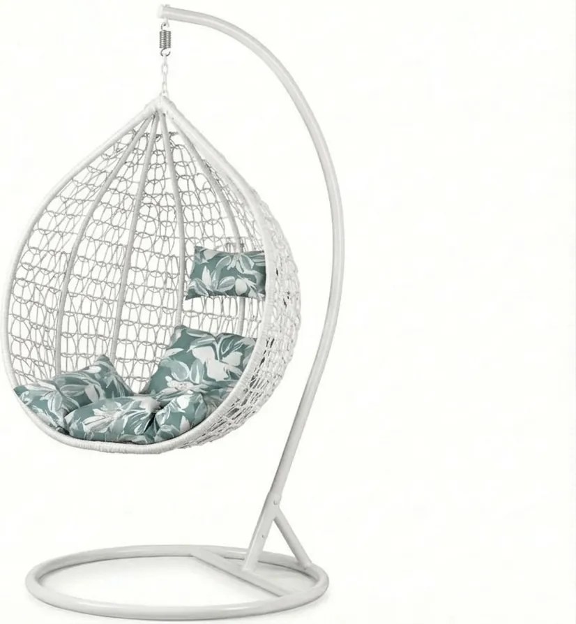 Białe wiszące krzesło KOKON ze stelażem, zielono-biała poduszka