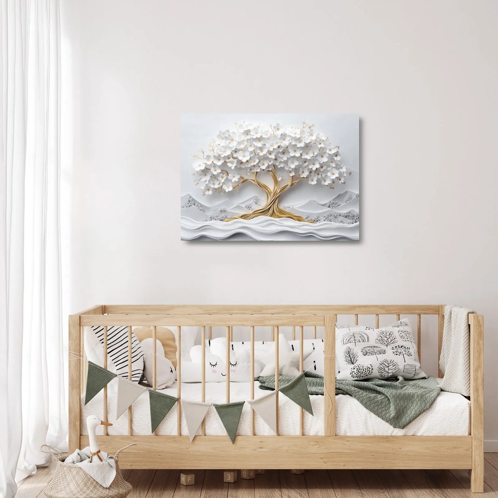 Obraz na szkle – Eleganckie drzewo życia 3D pełne kwiatów (70x50 cm)